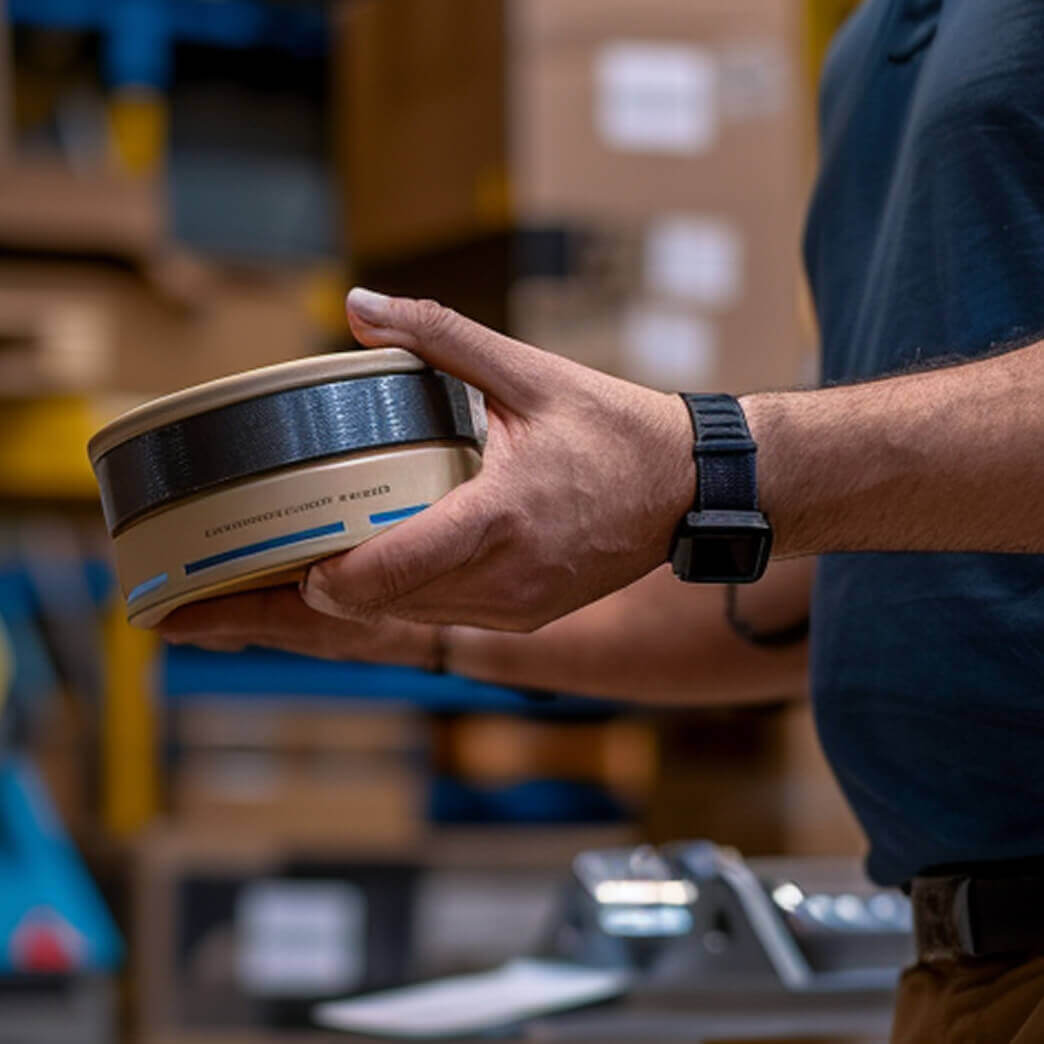 APG team member holding a roll of sealing material in the warehouse